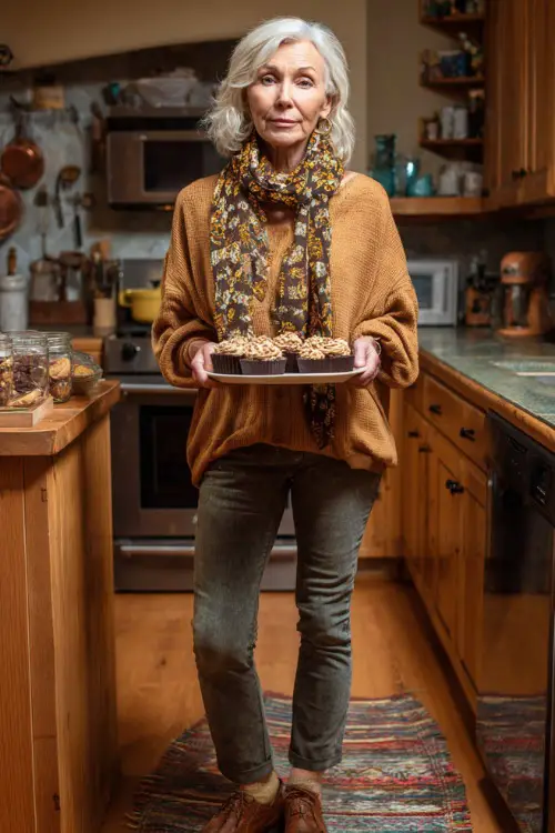 A woman over 50 wears a tan sweater with a patterned scarf, slim jeans, and loafers, holding a plate of Thanksgiving desserts in a warm kitchen