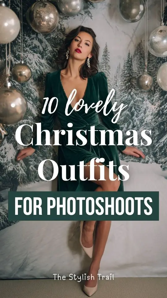 A woman wearing a Christmas photoshoot outfit with a silver sequin top with tailored white trousers and heels