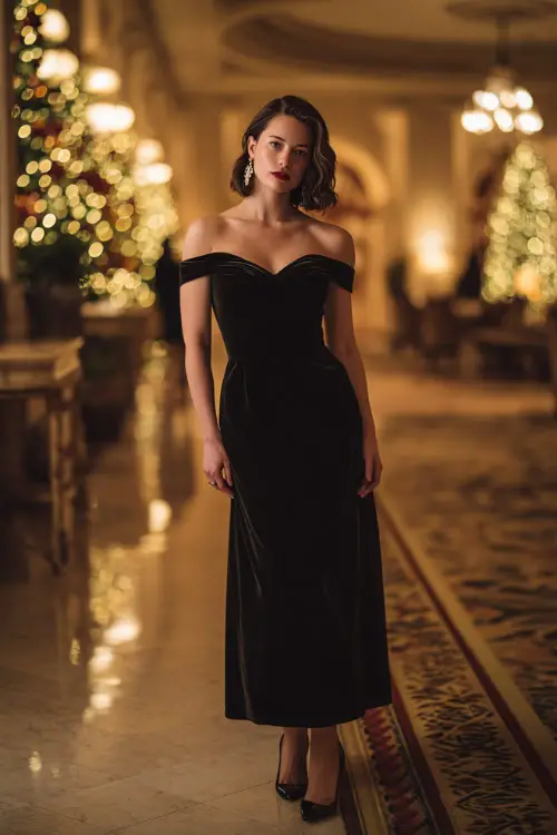 A woman wearing a black off-shoulder velvet gown with diamond earrings and classic pumps, standing in an elegant holiday ballroom with warm golden lights 