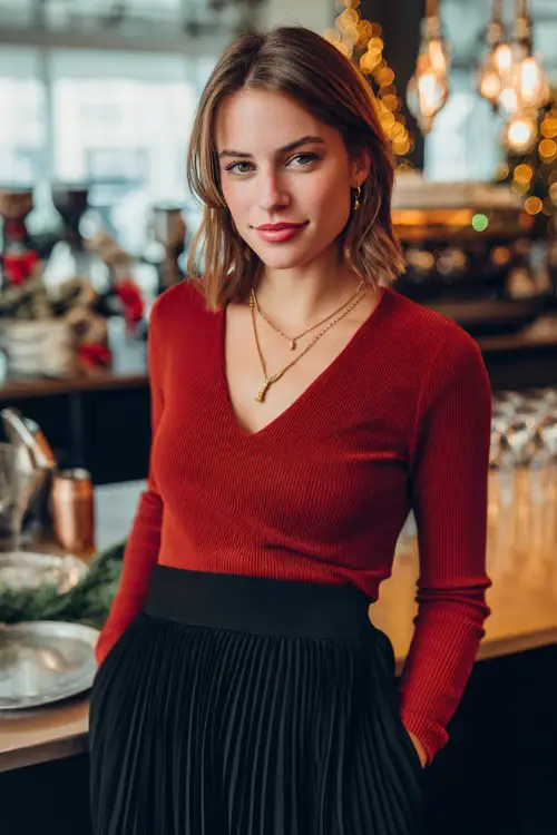 A woman wearing a black pleated skirt with a festive red top and subtle gold jewelry, standing at an office coffee bar set up for a Christmas celebration 