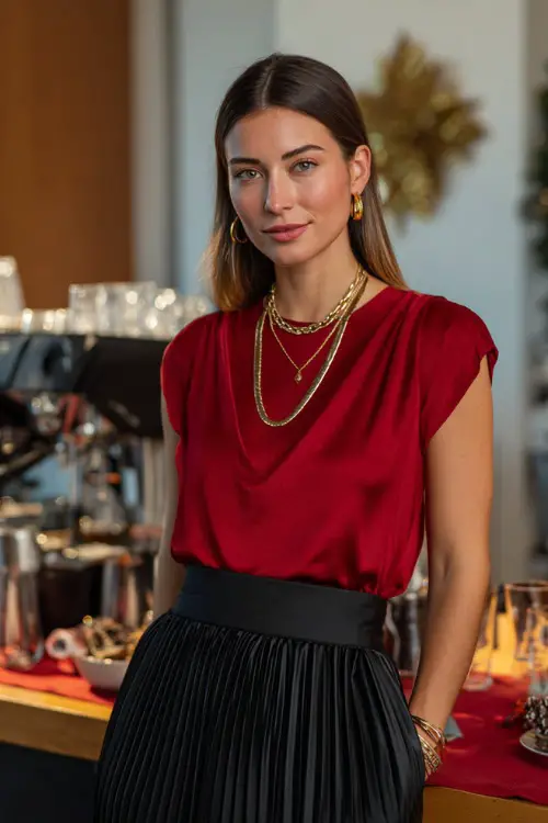 A woman wearing a black pleated skirt with a festive red top and subtle gold jewelry, standing at an office coffee bar set up for a Christmas celebration