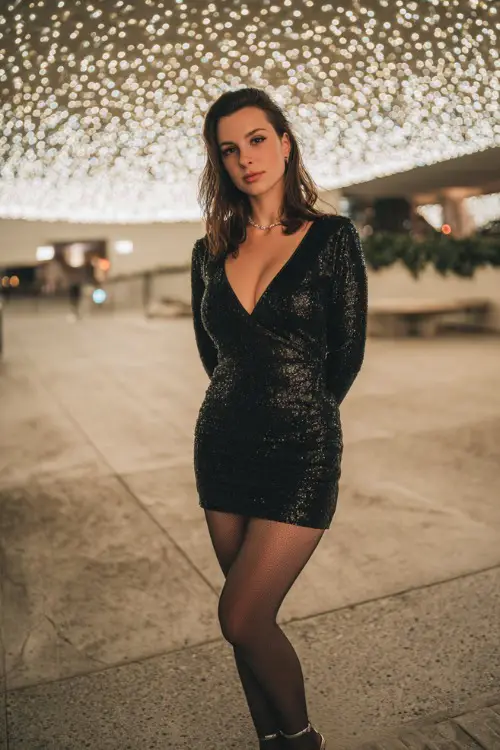 A woman wearing a black sequin mini dress with sheer tights and metallic heels, standing in a modern party setting with festive lights