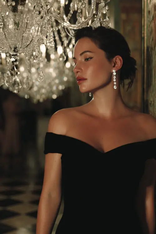 A woman wearing a black velvet off-shoulder gown with diamond earrings and classic pumps, standing under a crystal chandelier at an elegant Christmas party