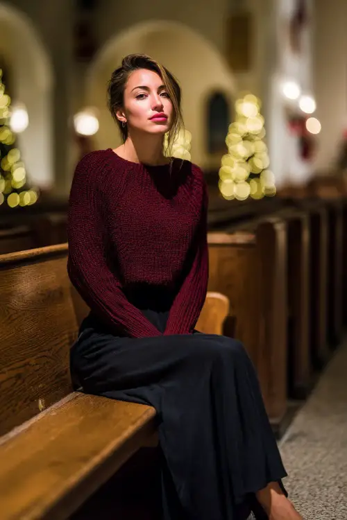 A woman wearing a burgundy knit sweater paired with an elegant black maxi skirt and flats, sitting peacefully inside a pew surrounded by warm Christmas lighting 
