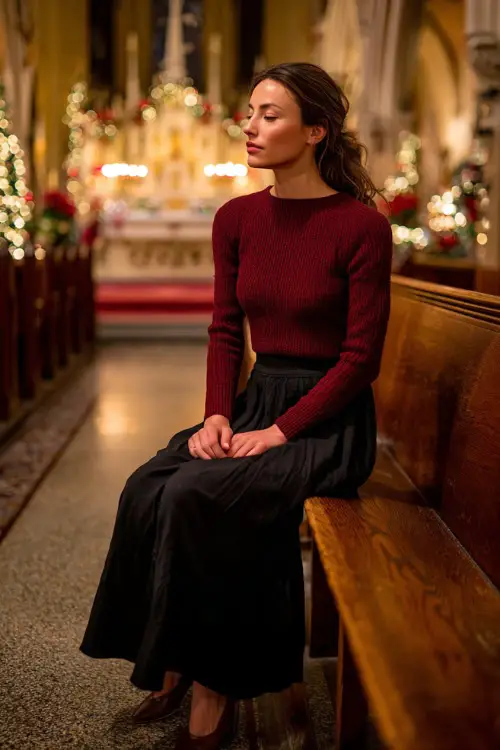 A woman wearing a burgundy knit sweater paired with an elegant black maxi skirt and flats, sitting peacefully inside a pew surrounded by warm Christmas lighting