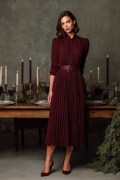 A woman wearing a burgundy pleated midi dress with a belt and classic pumps, standing beside a holiday dinner table filled with candles and greenery