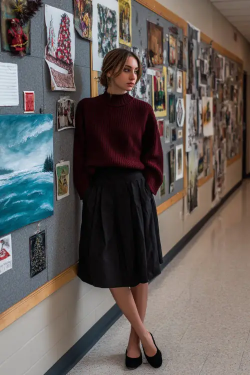 A woman wearing a burgundy sweater tucked into a pleated black skirt with ballet flats, standing near a school bulletin board filled with Christmas art 