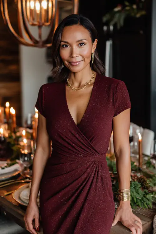 A woman wearing a burgundy wrap dress with subtle shimmer and gold jewelry, standing near a chic holiday dinner setup with candles and greenery 