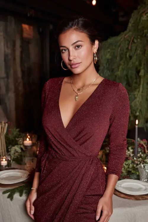 A woman wearing a burgundy wrap dress with subtle shimmer and gold jewelry, standing near a chic holiday dinner setup with candles and greenery