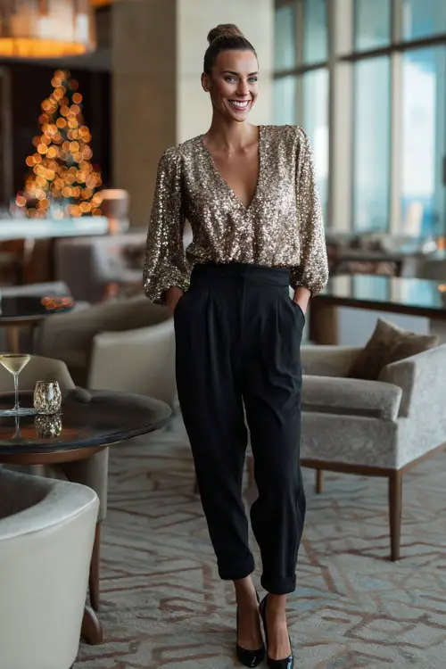 A woman wearing a champagne sequin top with tailored black trousers and heels, standing in a chic holiday lounge with soft lighting and modern décor