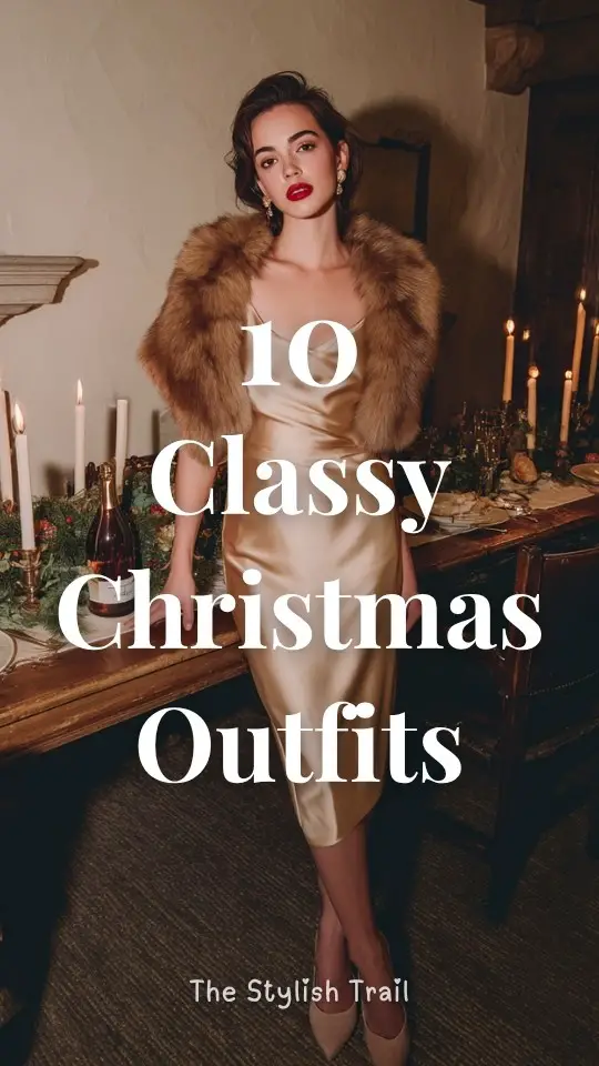 A woman wearing a classy Christmas outfit with a champagne satin midi dress with a soft faux-fur stole and heels