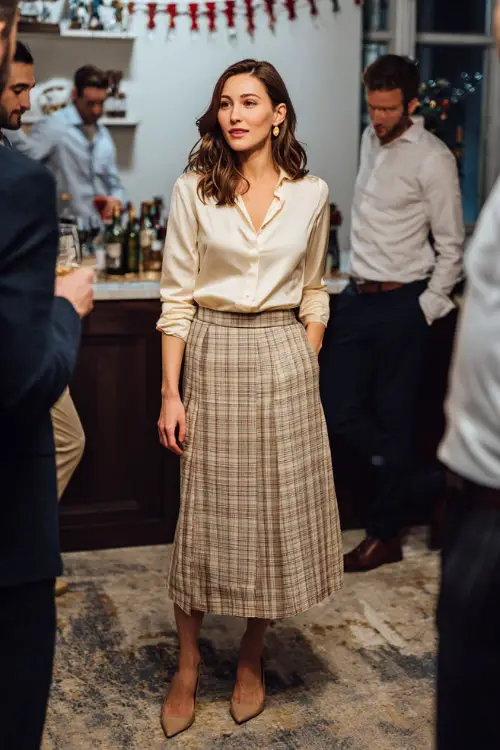 A woman wearing a cream blouse tucked into a plaid midi skirt with classic pumps, standing beside colleagues at a professional yet festive office party (2)