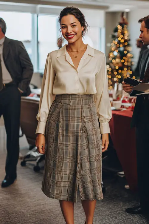 A woman dressed in a vibrant red top and black skirt, accessorized with gold jewelry, standing confidently at a holiday-themed trail event, embodying festive and stylish fashion
