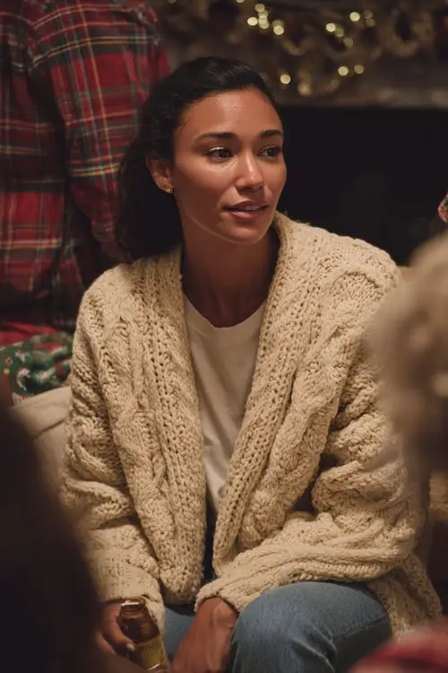 A woman wearing a cream cable-knit cardigan over a simple white tee with straight-leg jeans and loafers, chatting with friends at a cozy holiday gathering
