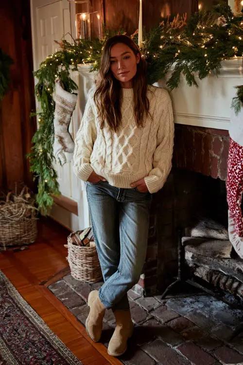 A woman wearing a cream cable-knit sweater tucked into relaxed-fit jeans with suede boots, standing beside a decorated fireplace with garlands and stockings