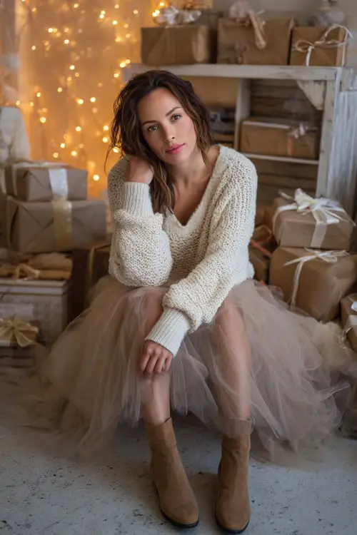 A woman wearing a cream knit sweater paired with a tulle skirt and ankle boots, sitting on a cozy studio set decorated with wrapped gifts and glowing lights
