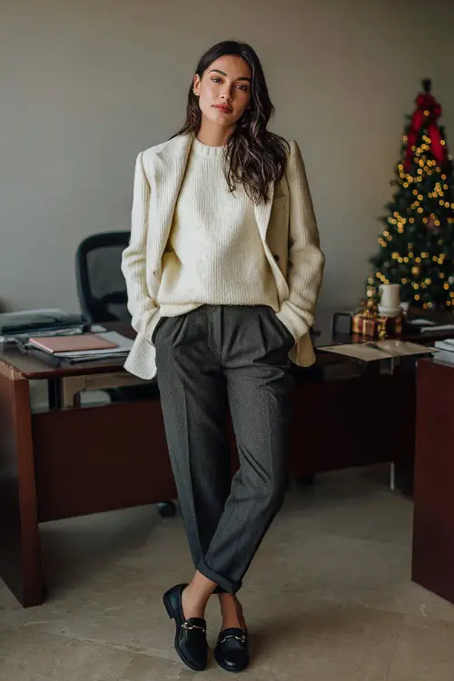 A woman wearing a cream knit sweater under a tailored blazer paired with straight-leg trousers and loafers, standing near a work desk decorated with a small Christmas tree 