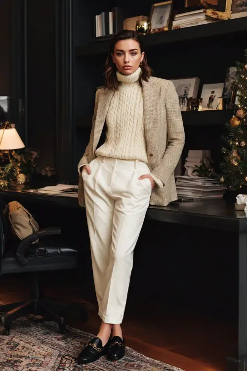 A woman wearing a cream knit sweater under a tailored blazer paired with straight-leg trousers and loafers, standing near a work desk decorated with a small Christmas tree 