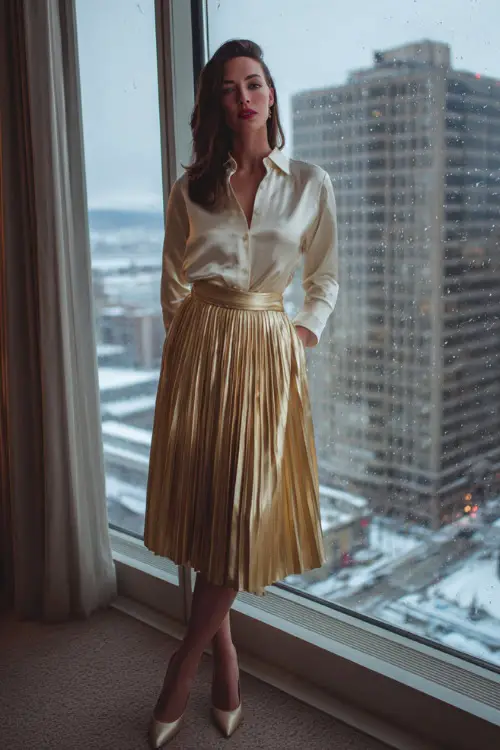 A woman wearing a cream satin blouse tucked into a gold pleated skirt with classic heels, standing near tall windows overlooking snowy city lights 