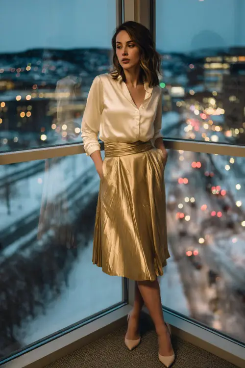 A woman wearing a cream satin blouse tucked into a gold pleated skirt with classic heels, standing near tall windows overlooking snowy city lights