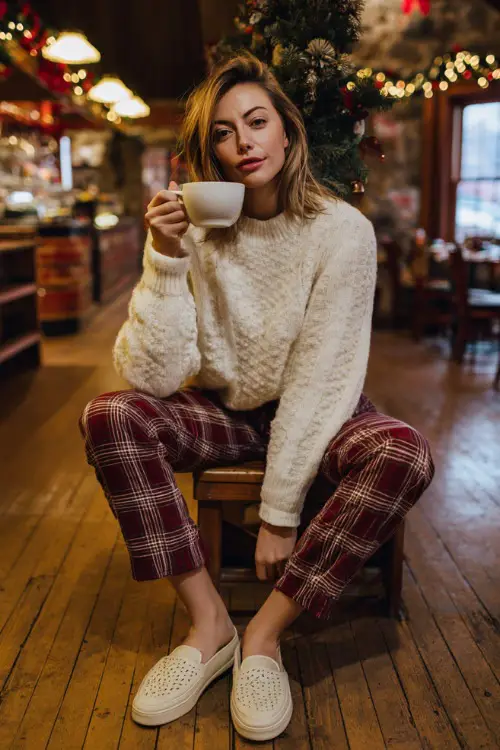 A woman wearing a cream sweater paired with plaid pants and slip-on shoes, enjoying a warm drink inside a festive holiday café