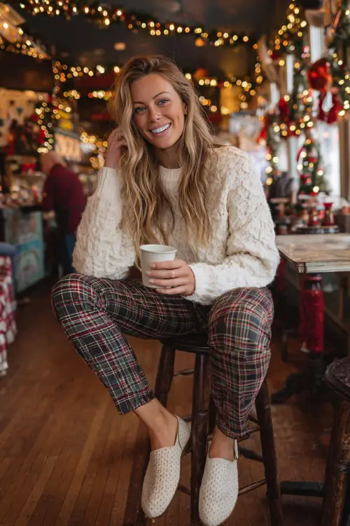 A woman wearing a cream sweater paired with plaid pants and slip-on shoes, enjoying a warm drink inside a festive holiday café