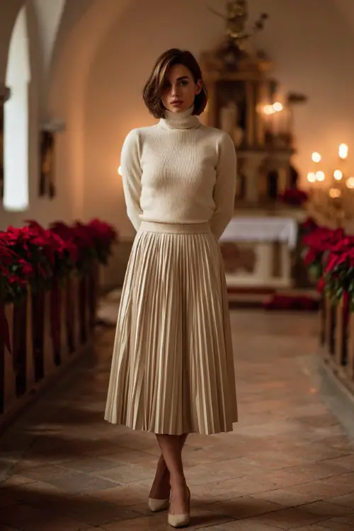 A woman wearing a cream turtleneck sweater tucked into a pleated midi skirt with low heels, standing inside a softly lit church with candles and poinsettias 