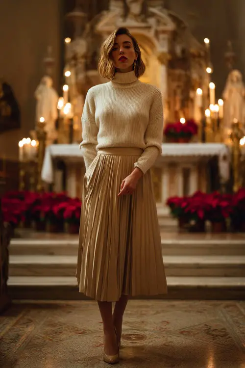 A woman wearing a cream turtleneck sweater tucked into a pleated midi skirt with low heels, standing inside a softly lit church with candles and poinsettias