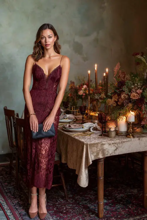 A woman wearing a deep burgundy lace dress with elegant heels and a small clutch, standing beside a beautifully set holiday table with candles and florals