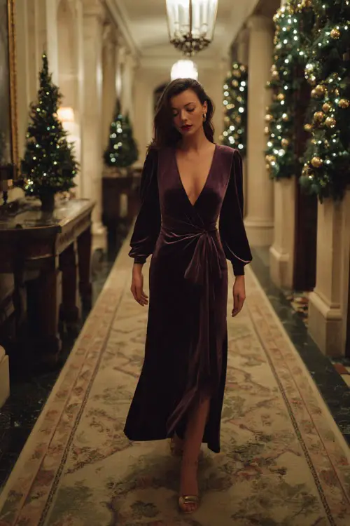 A woman wearing a deep plum velvet dress with long sleeves and heeled sandals, walking through an elegant holiday hallway lined with garlands 