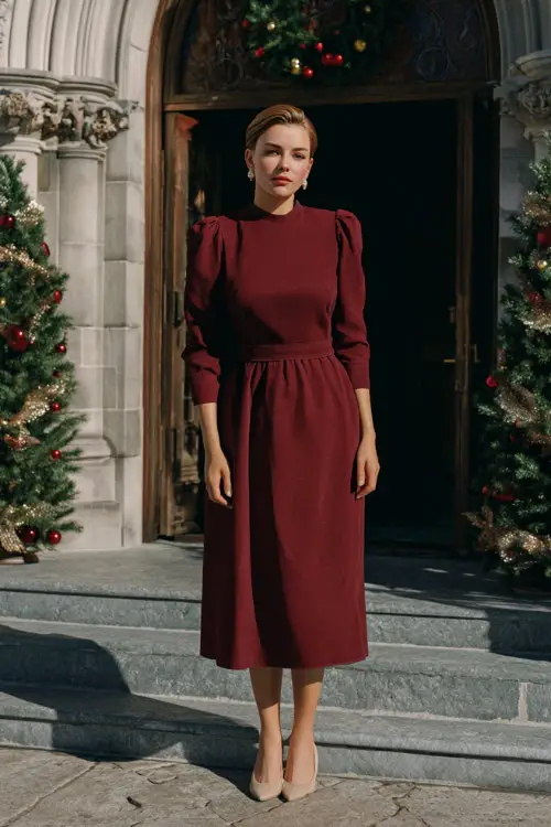 A woman wearing a deep red long-sleeve midi dress with a modest neckline, pearl earrings, and classic pumps, standing outside a church decorated with Christmas wreaths 