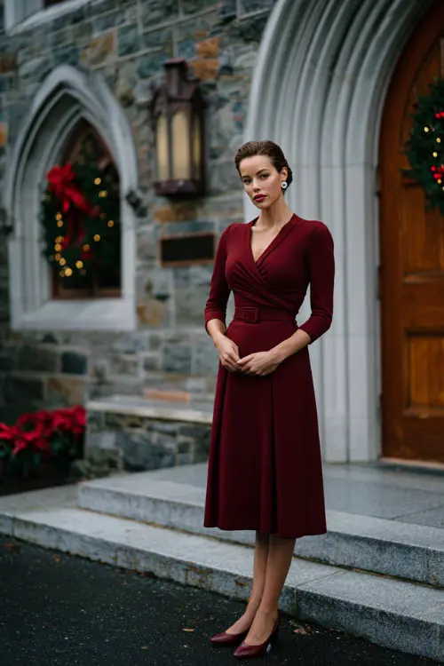 A woman wearing a deep red long-sleeve midi dress with a modest neckline, pearl earrings, and classic pumps, standing outside a church decorated with Christmas wreaths