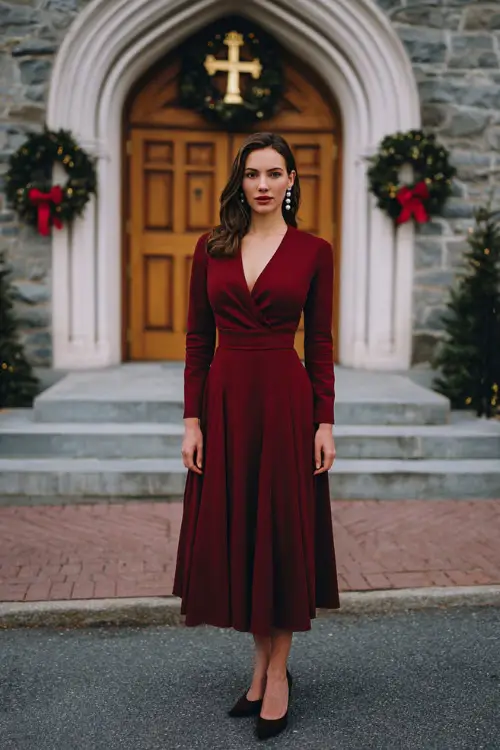 A woman wearing a deep red long-sleeve midi dress with a modest neckline, pearl earrings, and classic pumps, standing outside a church decorated with Christmas wreaths