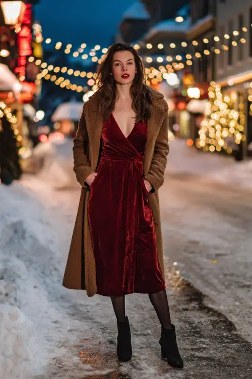 A woman wearing a deep red velvet midi dress with black tights, heeled ankle boots, and a long wool coat, standing outdoors on a snowy street with glowing Christmas lights 
