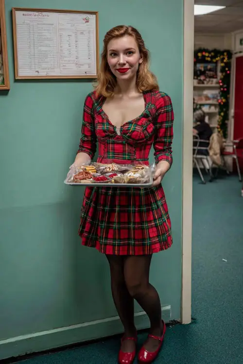 A woman wearing a festive red-and-green plaid dress with tights and flat booties, holding a tray of Christmas treats at a school holiday party