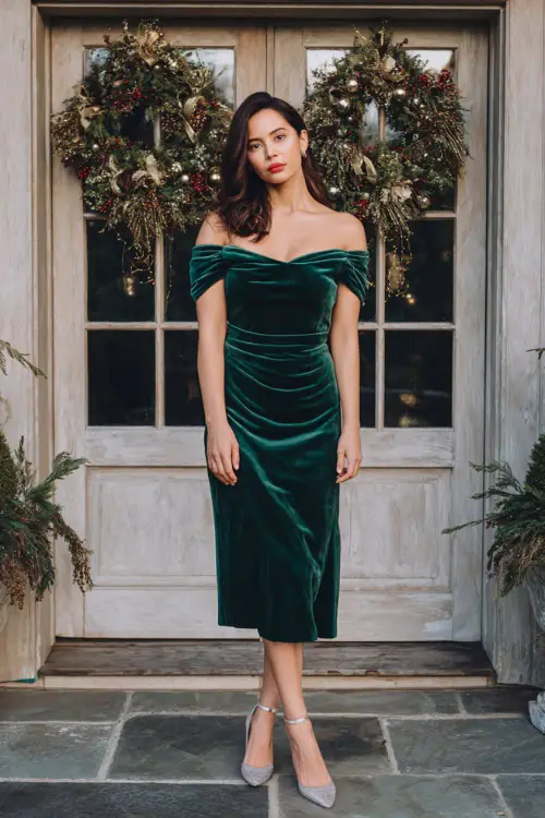 A woman wearing a forest-green off-shoulder velvet midi dress with silver heels and soft waves, standing in front of elegant french doors adorned with festive wreaths 