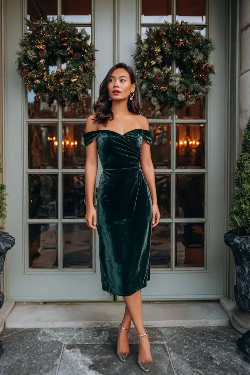 A woman wearing a forest-green off-shoulder velvet midi dress with silver heels and soft waves, standing in front of elegant french doors adorned with festive wreaths 