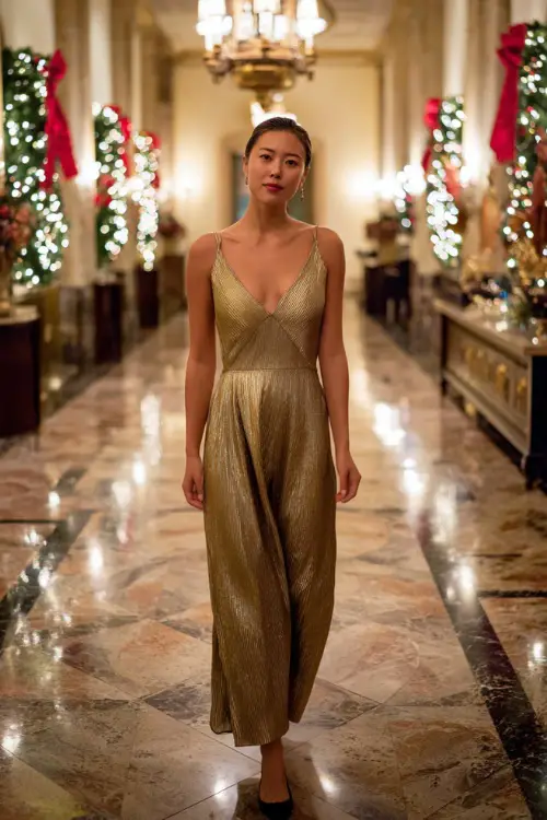 A woman wearing a gold metallic gown with minimal jewelry and classic heels, walking through a grand hallway decorated with Christmas wreaths and candles 