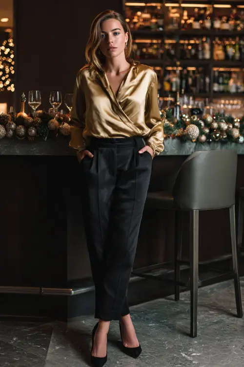 A woman wearing a gold satin blouse tucked into tailored black trousers with sleek pumps, standing beside a stylish bar decorated for Christmas