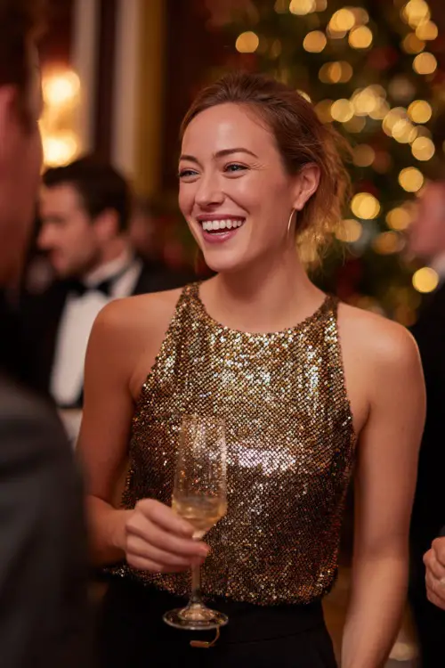 A woman wearing a gold sequin top paired with tailored black trousers and heels, mingling with guests at a lively Christmas cocktail party