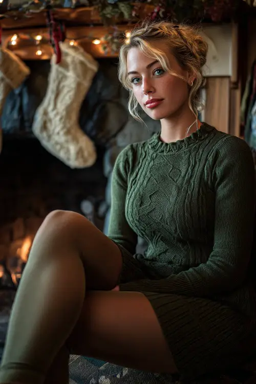 A woman wearing a green sweater dress with tights and flat boots, sitting comfortably by a fireplace decorated with stockings and warm lights