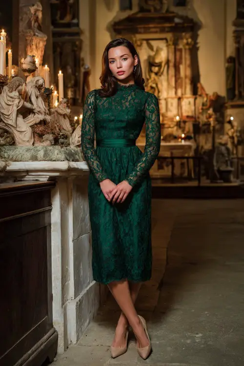 A woman wearing a modest emerald-green lace dress with long sleeves and classic pumps, standing in a church foyer decorated with nativity scenes and candles