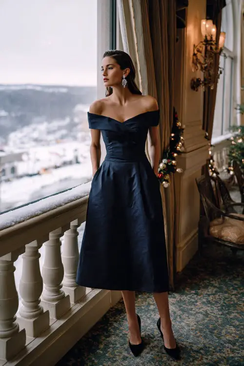A woman wearing a navy off-shoulder midi dress with silver earrings and classic pumps, standing near tall windows with snowy Christmas views and elegant décor