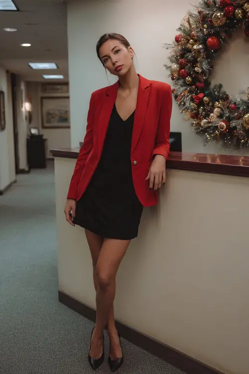 A woman wearing a red blazer over a simple black dress with neat heels, standing near an office reception area decorated with a holiday wreath 