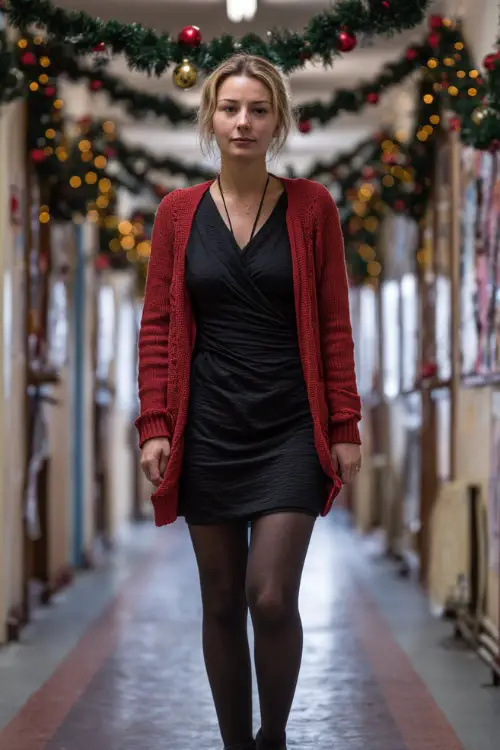 A woman wearing a red cardigan layered over a simple black dress with tights and flat ankle boots, walking down a school hallway decorated with Christmas garlands 