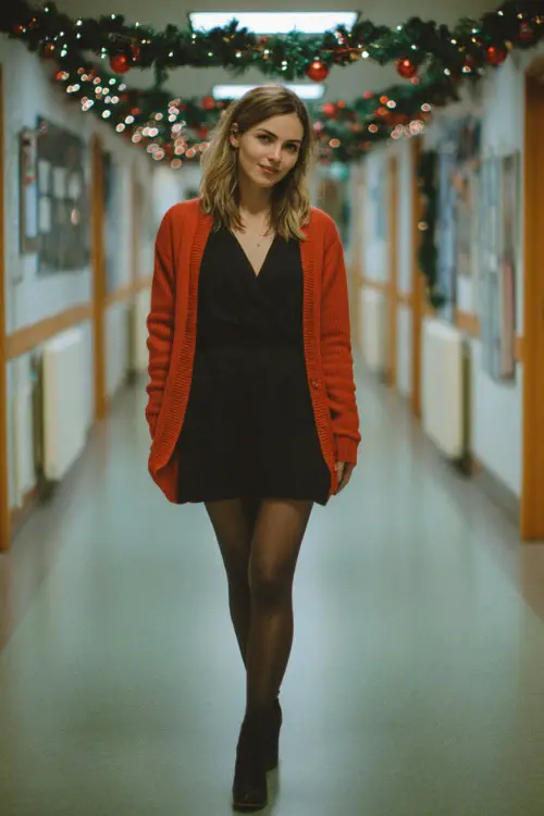 A woman wearing a red cardigan layered over a simple black dress with tights and flat ankle boots, walking down a school hallway decorated with Christmas garlands