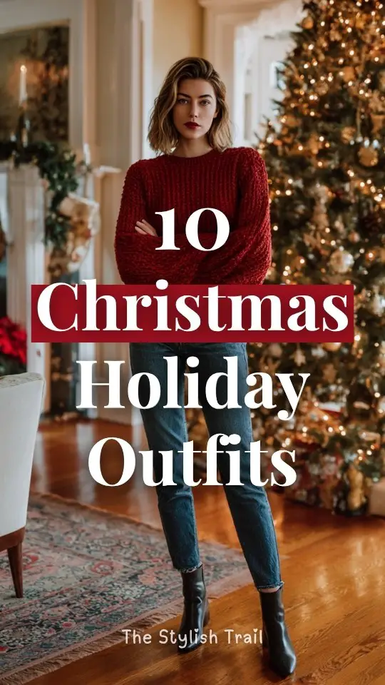 A woman wearing a red knit sweater with dark denim and ankle boots, standing near a beautifully decorated Christmas tree in a warm holiday living room