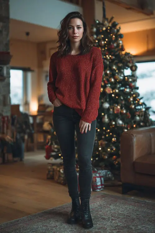 A woman wearing a red knit sweater with dark denim and ankle boots, standing near a beautifully decorated Christmas tree in a warm holiday living room 