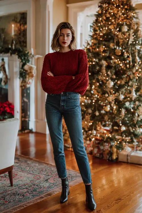 A woman wearing a red knit sweater with dark denim and ankle boots, standing near a beautifully decorated Christmas tree in a warm holiday living room 