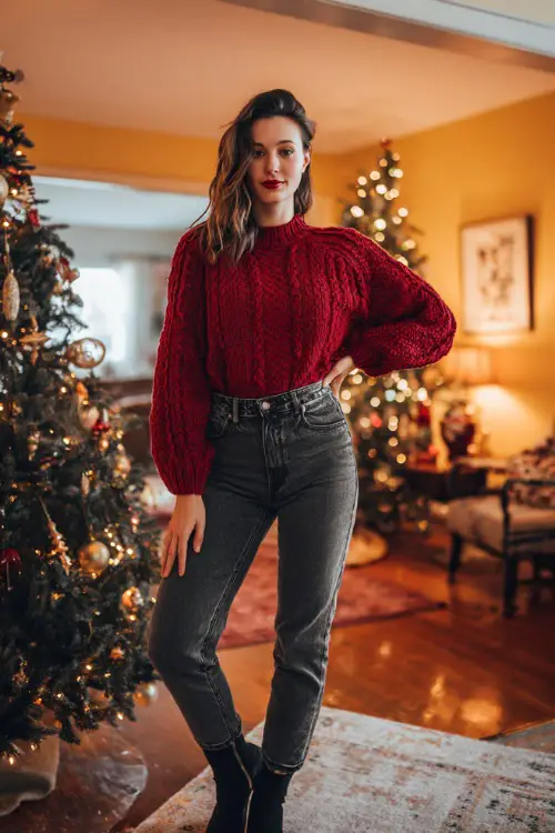 A woman wearing a red knit sweater with dark denim and ankle boots, standing near a beautifully decorated Christmas tree in a warm holiday living room
